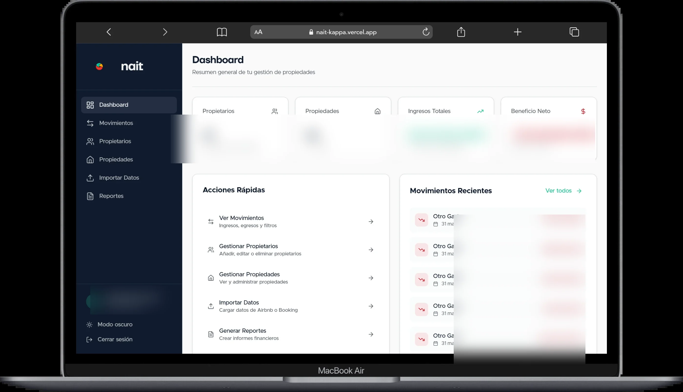 Dashboard de NAIT en MacBook con KPIs de propiedades, ingresos y movimientos recientes