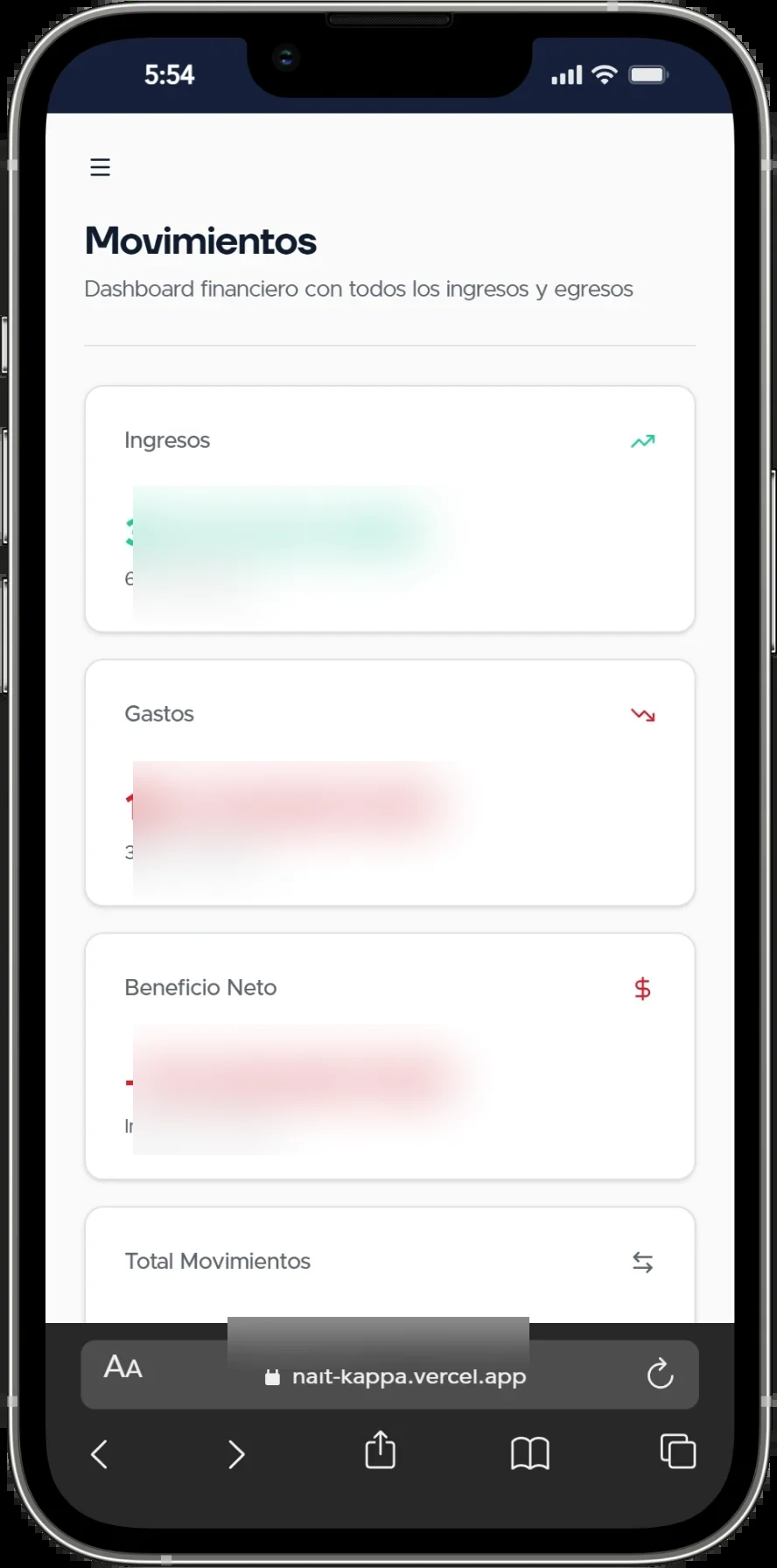 Vista mobile de movimientos en NAIT