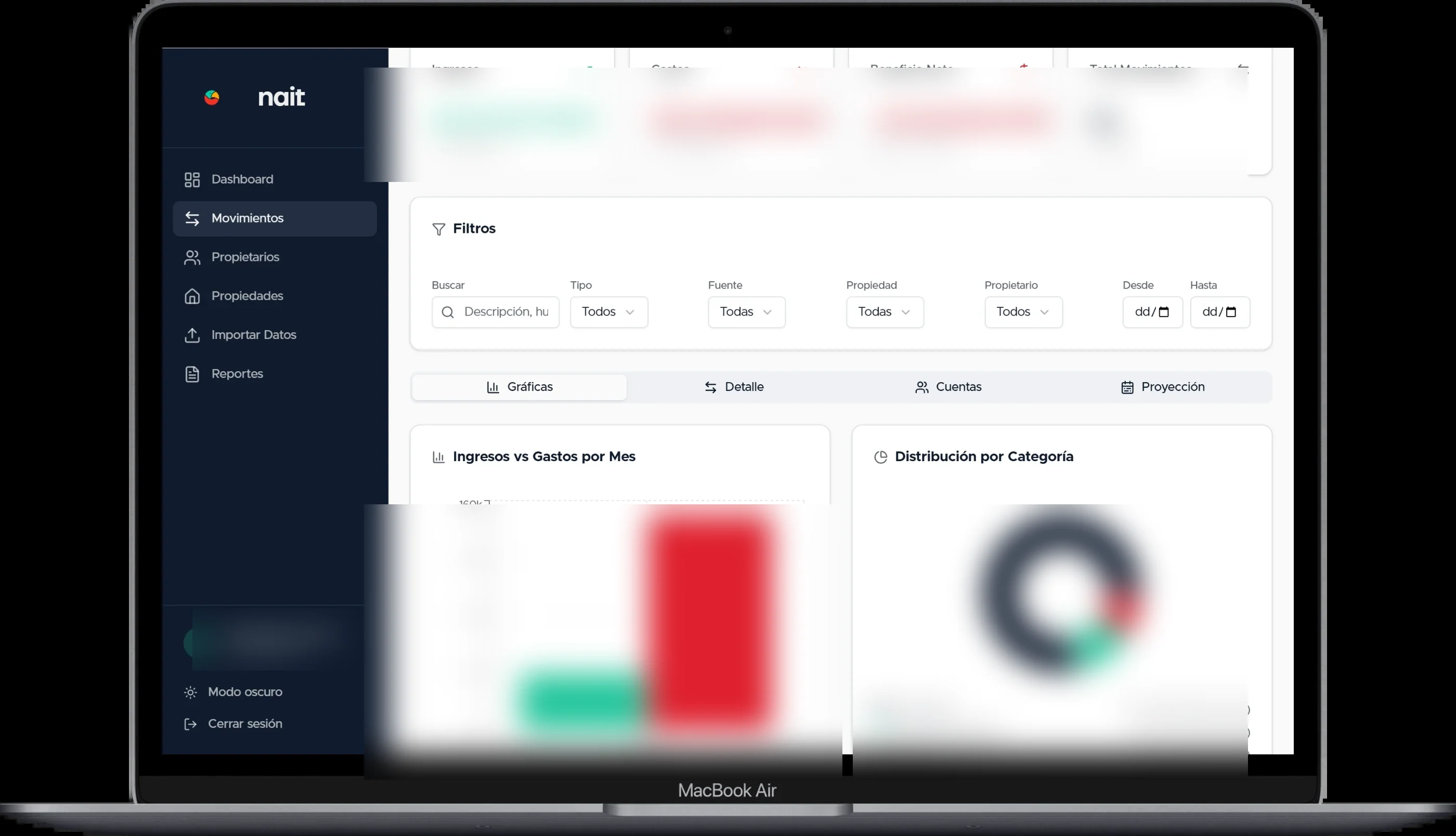 Movimientos con filtros y gráfica de ingresos vs gastos por mes